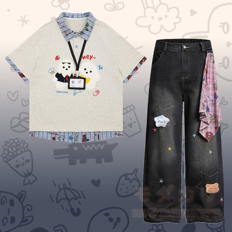 Flock Puppy Gingham Graphic Polo T-shirt Star Denim Pants Modakawa Matching Outfit - Set C - XL - image 3