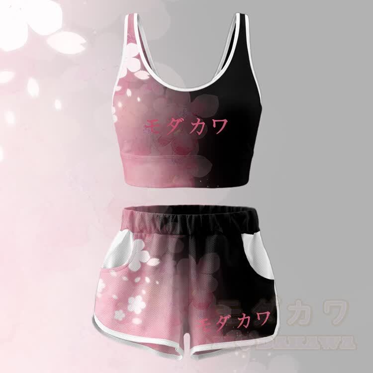 Pink Sakura Graphic Crop Tank Sport Top Shorts Bikini Modakawa Matching Outfit - Pink Set - 5XL - image 4