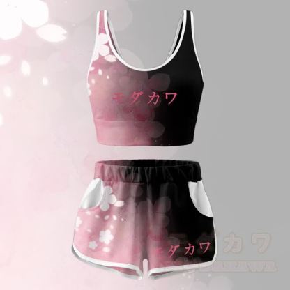 Pink Sakura Graphic Crop Tank Sport Top Shorts Bikini Modakawa Matching Outfit - Pink Set - 5XL - image 4