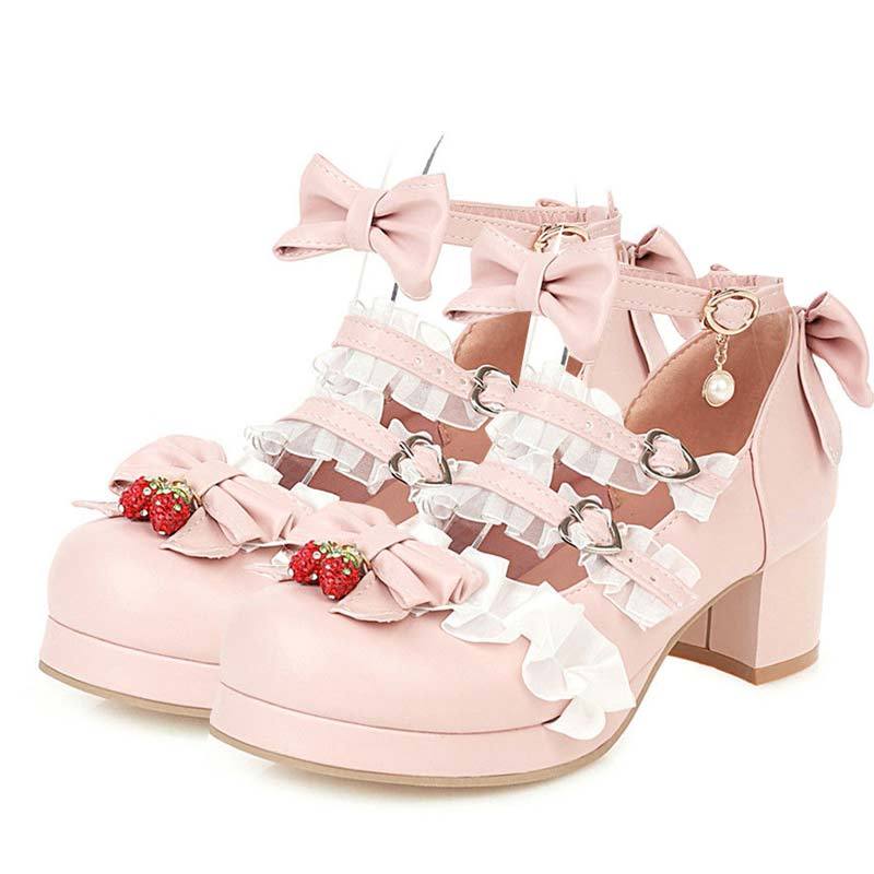 Lace Bow Lolita Kitten Heel Mary Janes Shoes - Pink - 48 - image 11
