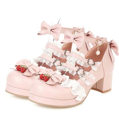 Lace Bow Lolita Kitten Heel Mary Janes Shoes - Pink - 48 - image 11