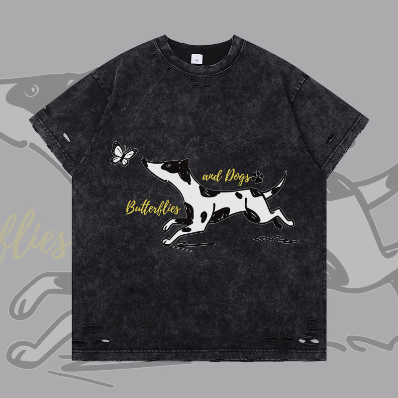 MODAKAWA Spotted Dog and Butterfly Graphic Ripped T-shirt - Black - 2XL - image 4