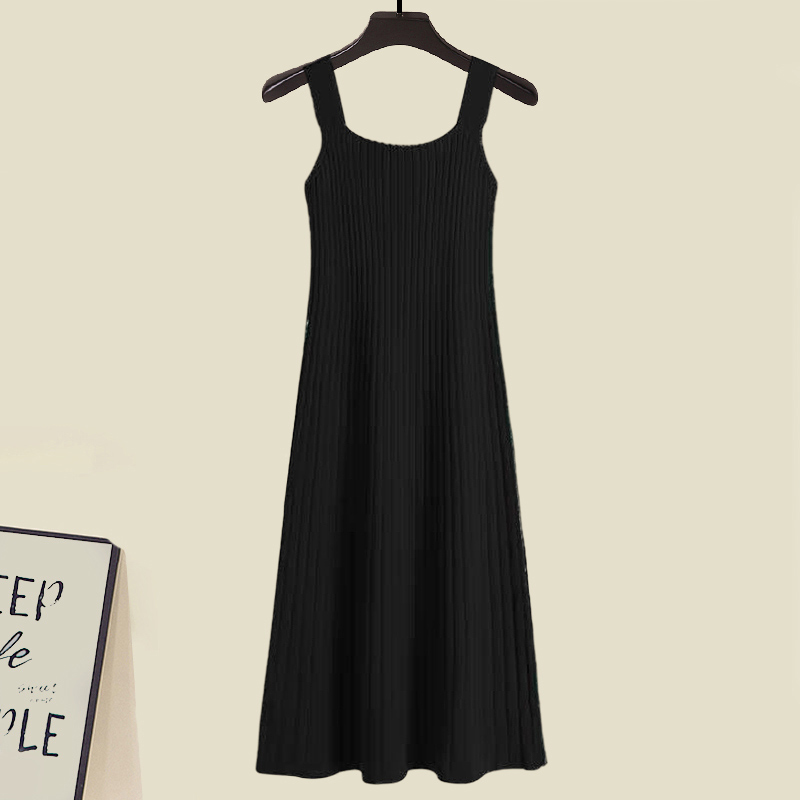 Irregular Short Sweater Slip Dress Matching Outfit - Black Dress - 2XL - image 5