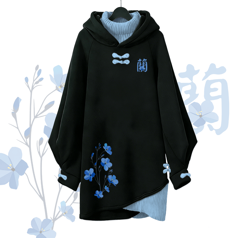 Orchid Letter Graphic Modakawa Buckle Vintage Hooded Sweatshirt Dress - Blue - 3XL - image 2