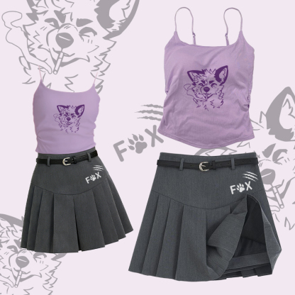 MODAKAWA X atka Smoking Fox Graphic Camisole Belt Pleated Skirt Two Pieces Set - Set C - L - image 3
