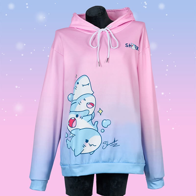 Modakawa Shark Letter Print Loose Hoodie - Pink&Blue - 6XL - image 10