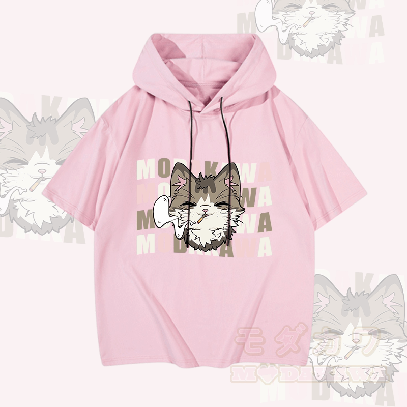 MODAKAWA Smoking Cat Graphic Short Sleeve Hoodie - Pink - 3XL - image 4