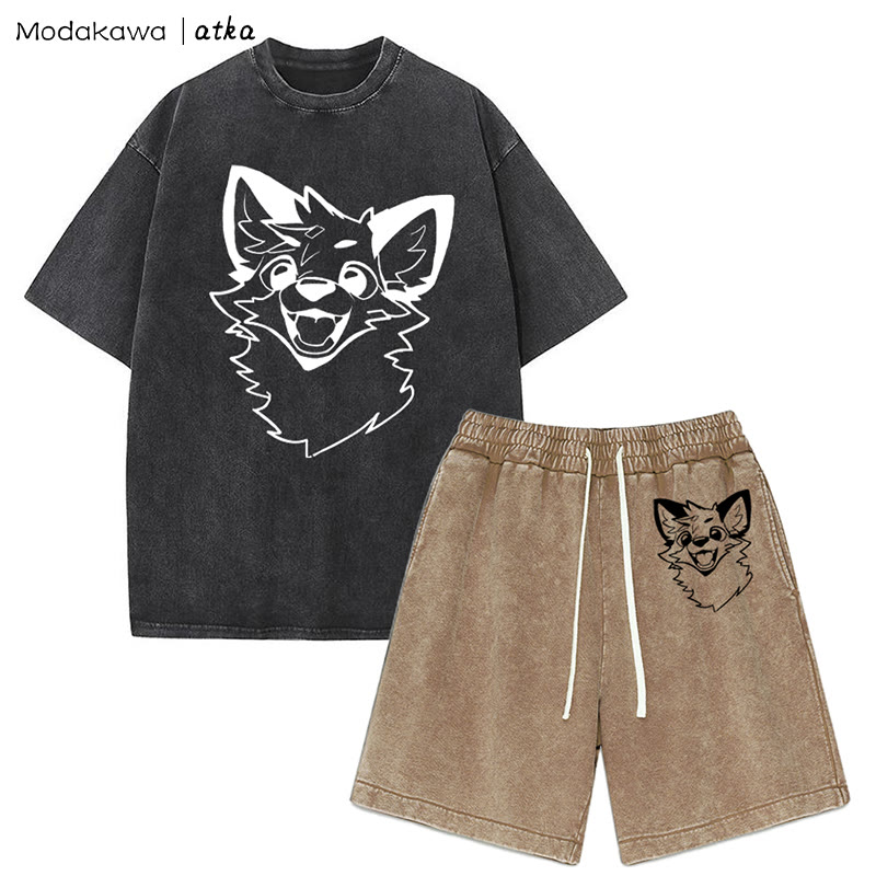 MODAKAWA X atka Fox T-shirt Vintage Washed Shorts Two Pieces Set - Black&Brown - 3XL - image 12
