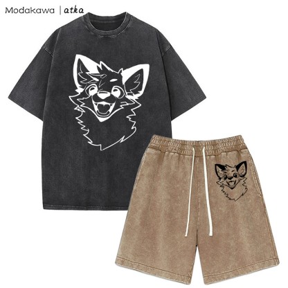 MODAKAWA X atka Fox T-shirt Vintage Washed Shorts Two Pieces Set - Black&Brown - 3XL - image 12