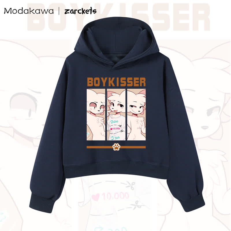 MODAKAWA X zarckets BOYKISSER Cat Graphic Cropped Cotton Hoodie - Navy Blue - 3XL - image 10