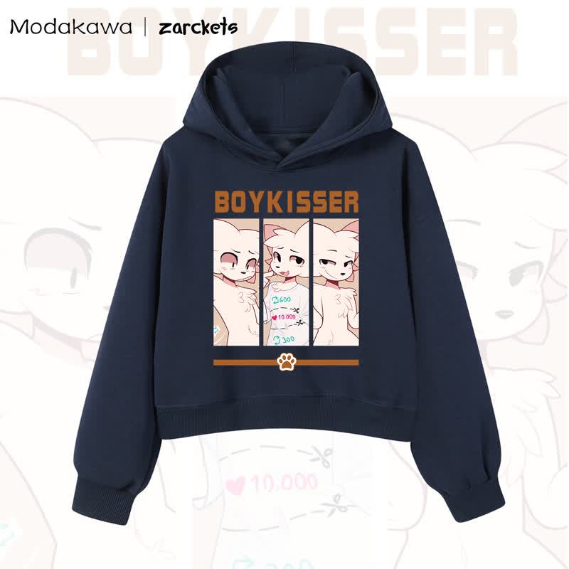 MODAKAWA X zarckets BOYKISSER Cat Graphic Cropped Cotton Hoodie - Navy Blue - 3XL - image 10