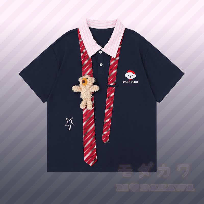 3D Bear Stripe Tie Color Block Polo T-shirt Ripped Denim Pants Modakawa Matching Outfit - Purplish Blue T-shirt - XL - image 6