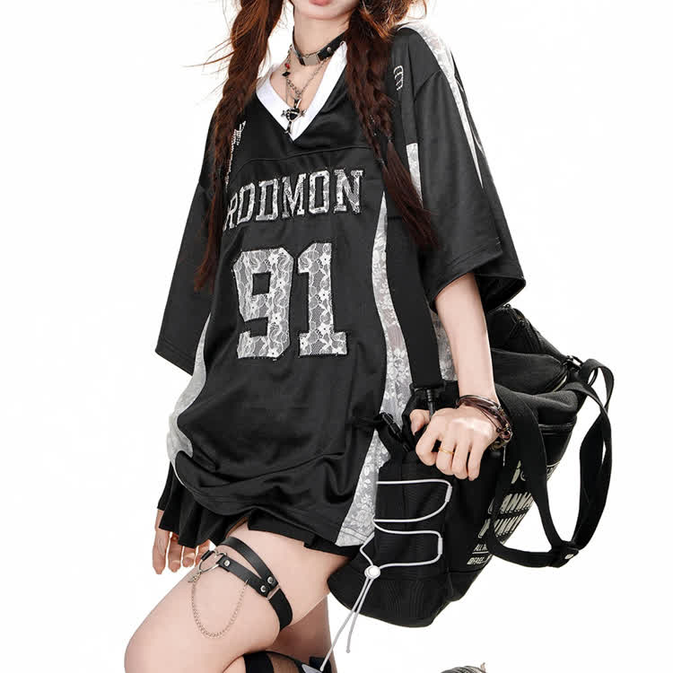 Number Graphic Oversized V-neck T-shirt - image 4