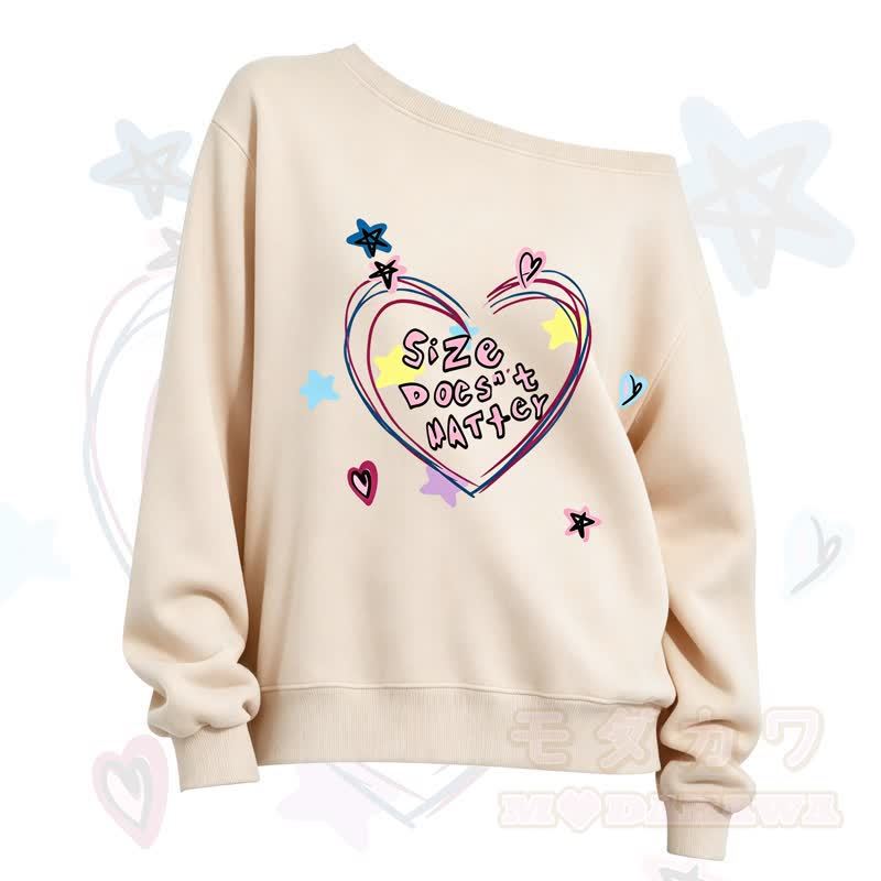 MMODAKAWA SIZE DOESN'T MATTER Heart Print Slant Shoulder Sweatshirt - Apricot - 3XL - image 4
