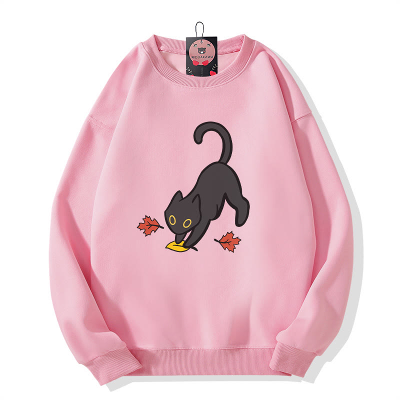 Black Cat Pouncing On Leaf Halloween Graphic Round Collar Sweatshirt - Pink - 5XL - image 3
