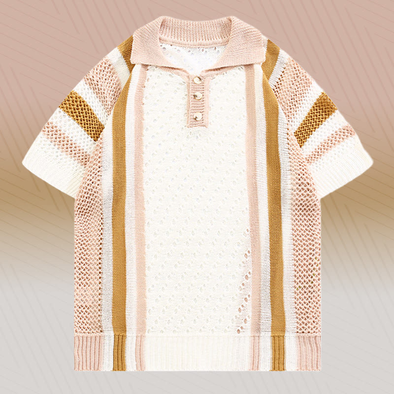 Stripe Open Knit Polo Shirt Textured Drawstring Shorts Modakawa Matching Outfit - Pink Shirt (Single) - 3XL - image 7