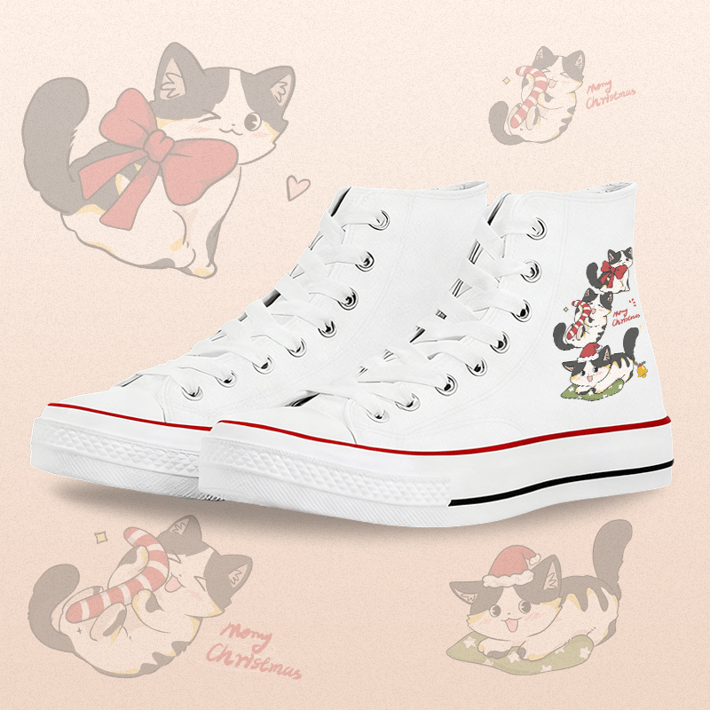 MODAKAWA Christmas Kitty Graphic High Top Canvas Shoes - White B - 45 - image 2