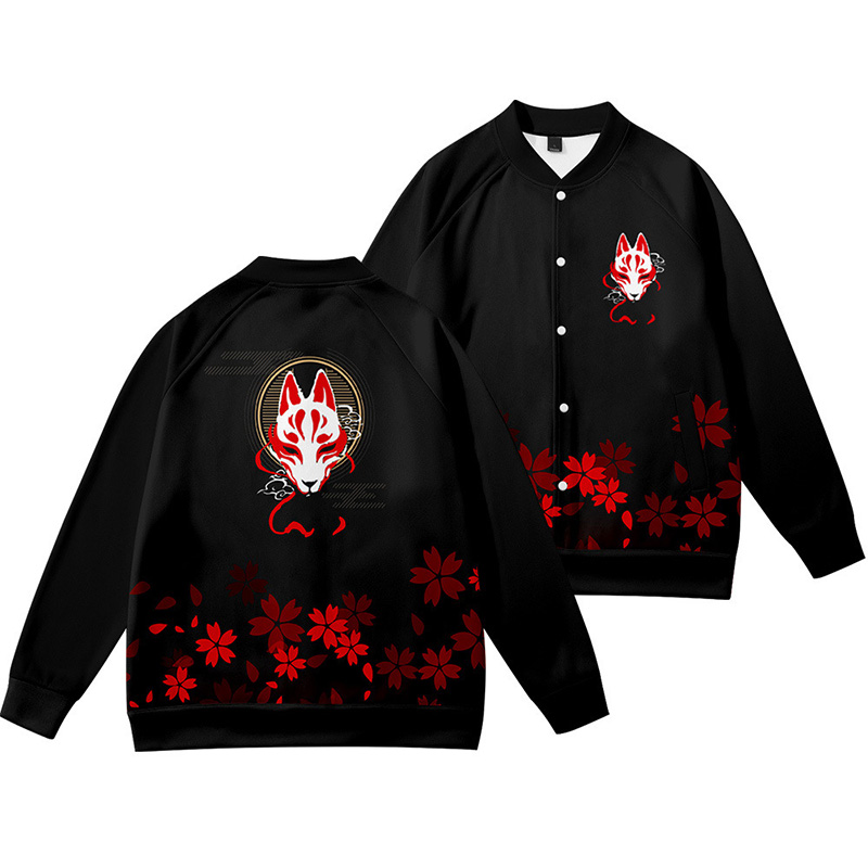Vintage Sakura Fox Print Causal Jacket   - Black - 3XL - image 2