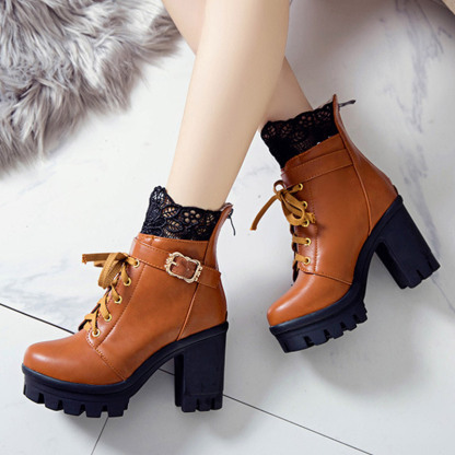 Lace Buckle Lace-Up High Heel Boots - image 6