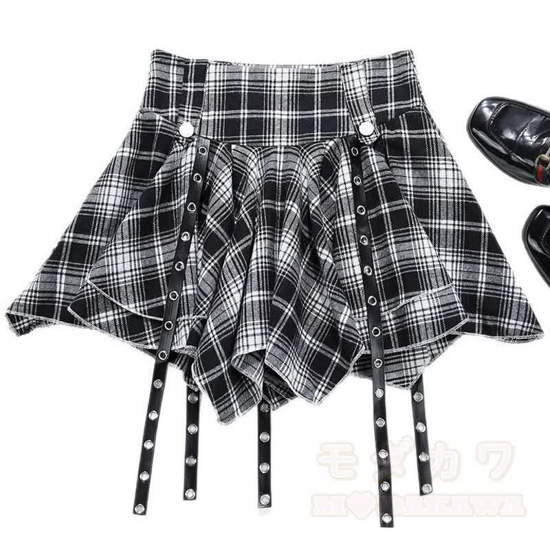 Y2K Gothic Butterfly Print Long Sleeve Top Plaid Irregular Skirt Leg Warmers - Skirt - L - image 9