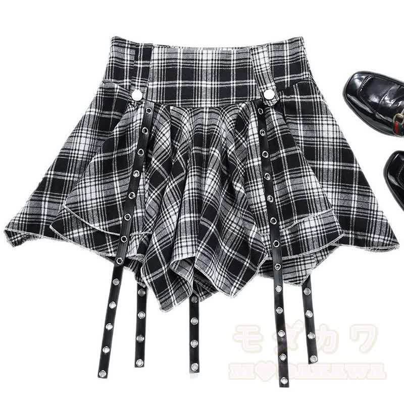 Y2K Gothic Butterfly Print Long Sleeve Top Plaid Irregular Skirt Leg Warmers - Skirt - L - image 9