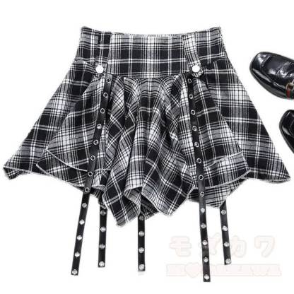 Y2K Gothic Butterfly Print Long Sleeve Top Plaid Irregular Skirt Leg Warmers - Skirt - L - image 9