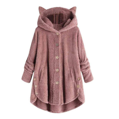 Kitty Ear Button Irregular Hooded Sweatshirt - Pink - 5XL - image 1