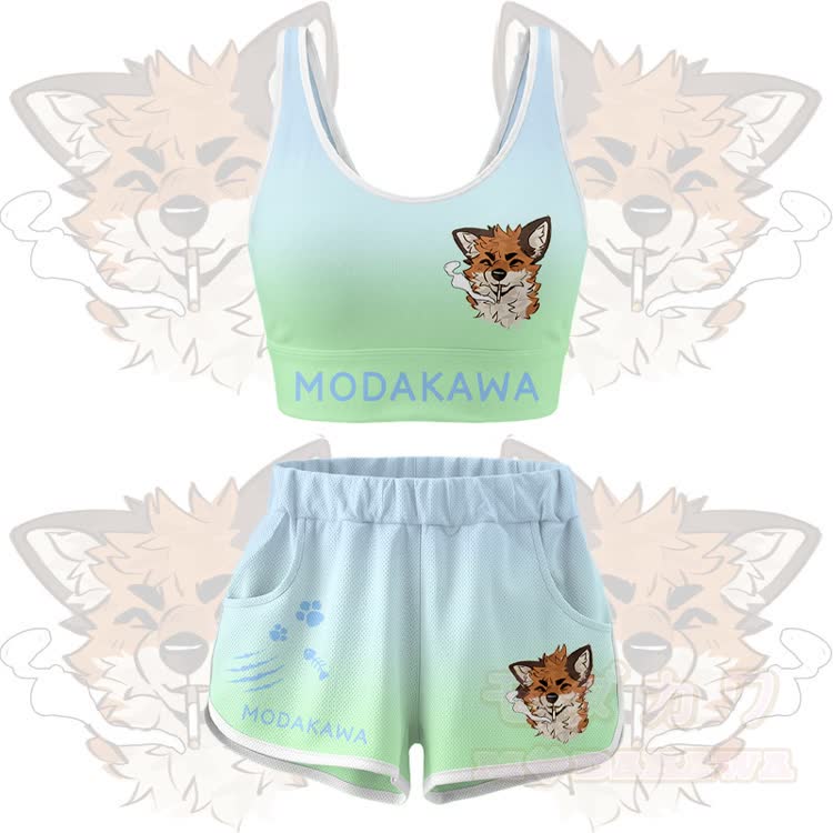MODAKAWA X atka Smoking Fox Graphic Crop Tank Sport Top Shorts Bikini Matching Outfit - Green Set - 5XL - image 11