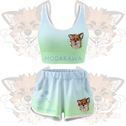 MODAKAWA X atka Smoking Fox Graphic Crop Tank Sport Top Shorts Bikini Matching Outfit - Green Set - 5XL - image 11