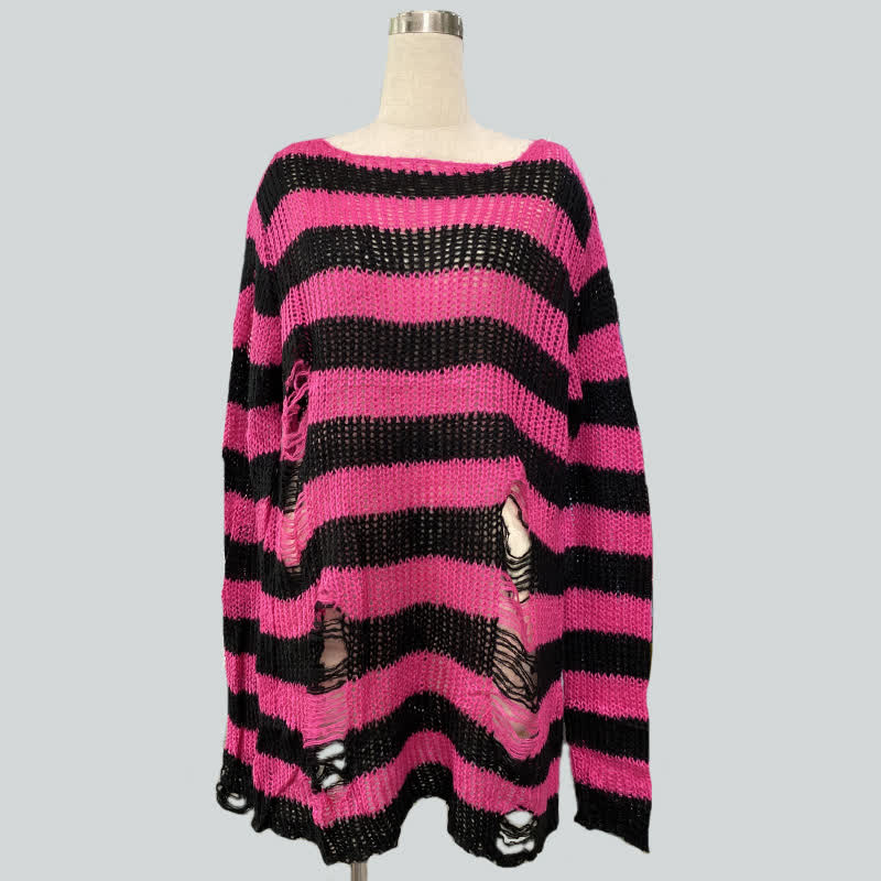 Oversized Striped Hollow Out Ripped Long Sleeve Knit Sweater - Black & Rose - One Size - image 11
