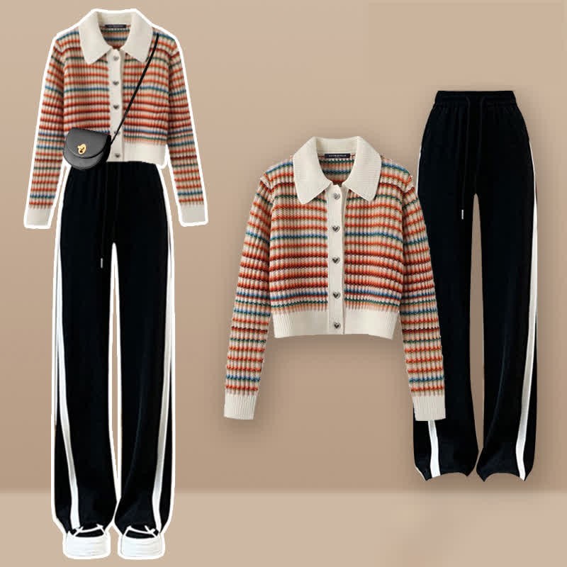 Colorblock Stripe Rainbow Cardigan Sweater Casual Pants Matching Outfit - Set C - XL - image 3
