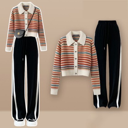 Colorblock Stripe Rainbow Cardigan Sweater Casual Pants Matching Outfit - Set C - XL - image 3