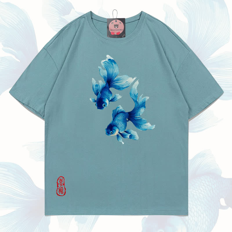MODAKAWA Fish Graphic 100% Cotton T-shirt - Light grey blue - 5XL - image 13