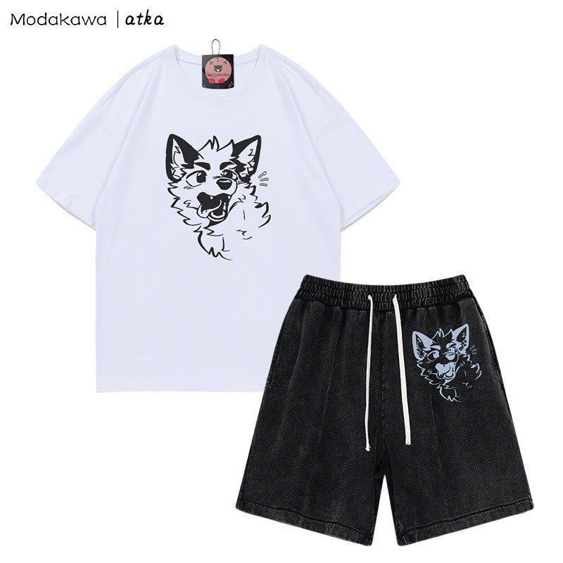 MODAKAWA X atka Playful Fox Face Graphic T-shirt Vintage Washed Shorts Two Pieces Set - White&Black - 3XL - image 7