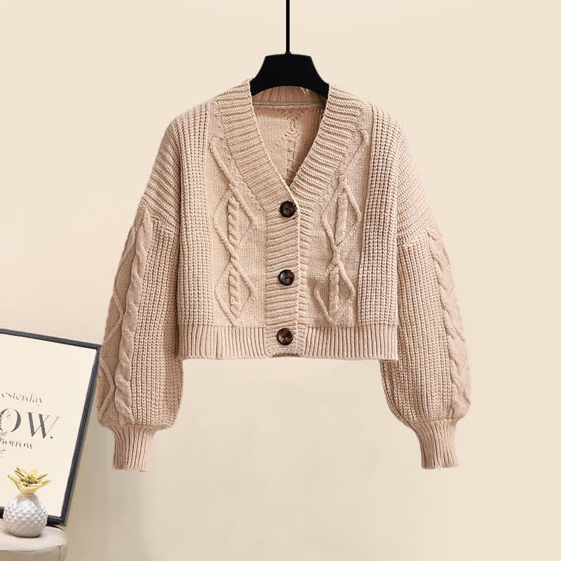 V-neck Cardigan Sweater Bow Tie Shirt Pleated Skirt Three Pieces Set - Sweater - XL - image 4