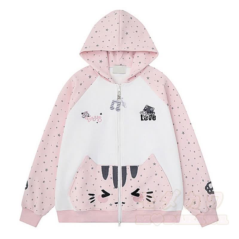 High Quality Durable Press Star Print Cat Embroidery Zip Up Hooded Sweatshirt - Pink - XL - image 4