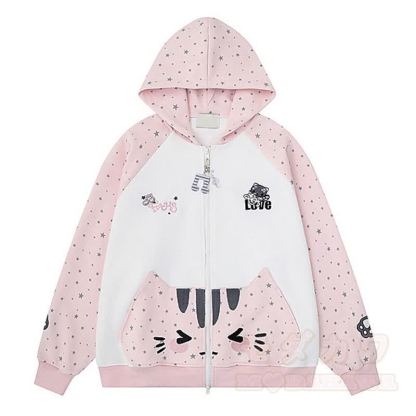 High Quality Durable Press Star Print Cat Embroidery Zip Up Hooded Sweatshirt - Pink - XL - image 4