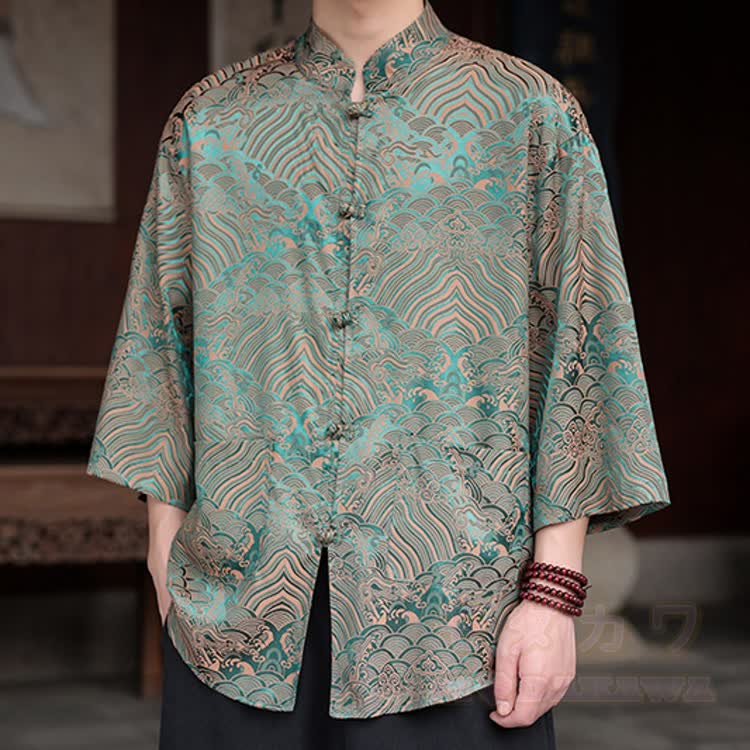 Oversized Dragon Jacquard Mandarin Collar Shirt - Cloud Yellow Green - 5XL - image 5