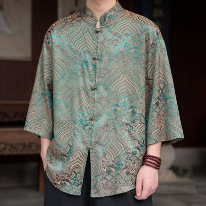 Oversized Dragon Jacquard Mandarin Collar Shirt - Cloud Yellow Green - 5XL - image 5