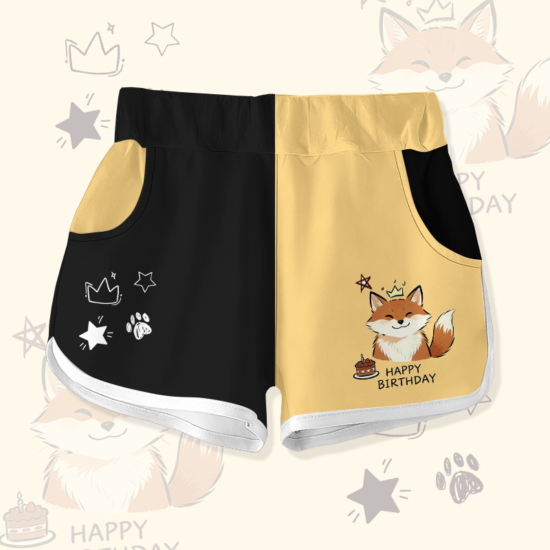 HAPPY BIRTHDAY Cute Fox Cake Graphic Modakawa Color Block Shorts - Black & Yellow - 5XL - image 4
