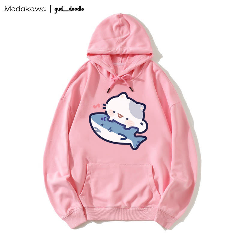 MODAKAWA X gud_doodle Kitty Shark Print Loose Hoodie - Pink - 5XL - image 6