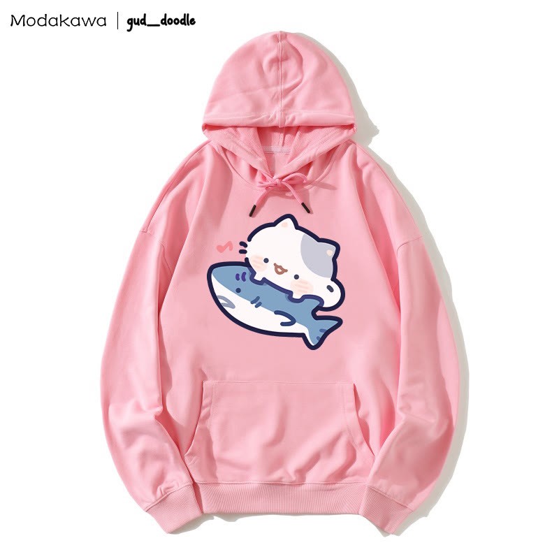 MODAKAWA X gud_doodle Kitty Shark Print Loose Hoodie - Pink - 5XL - image 6