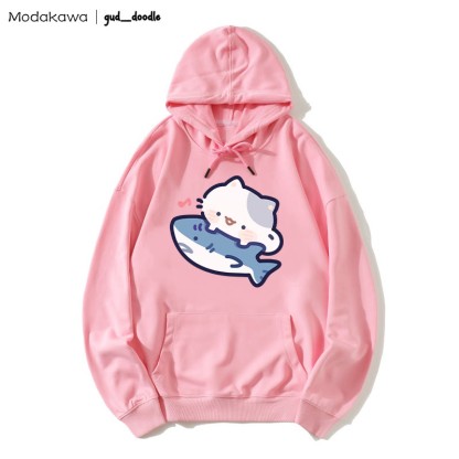MODAKAWA X gud_doodle Kitty Shark Print Loose Hoodie - Pink - 5XL - image 6