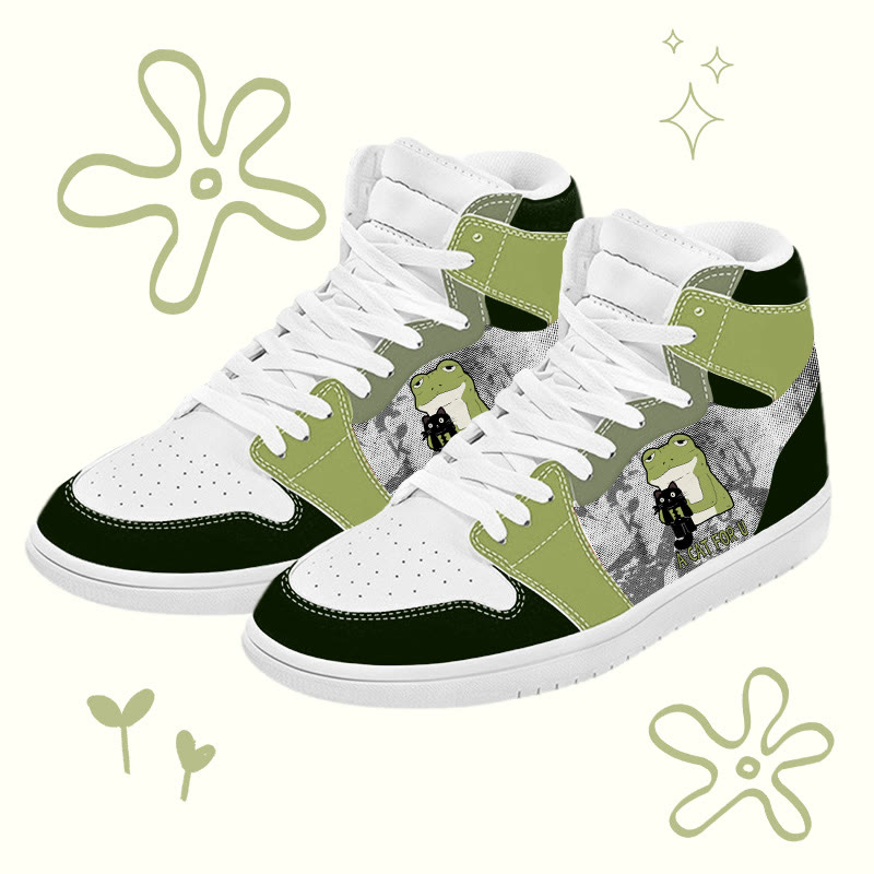 MODAKAWA Frog And Black Cat Graphic Color Block High Top Canvas Shoes - Green - 48 - image 2