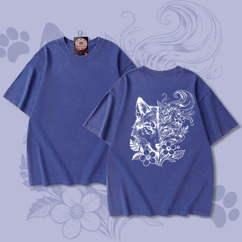 Wolf Floral Graphic Modakawa Unisex Vintage Washed T-shirt - Blue - 5XL - image 4