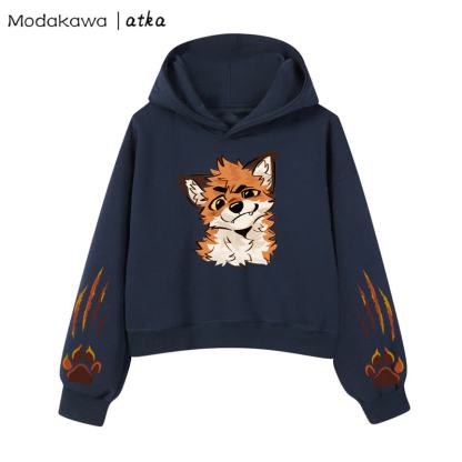MODAKAWA X atka Fox Graphic Cropped Cotton Hoodie - Navy Blue - 3XL - image 10