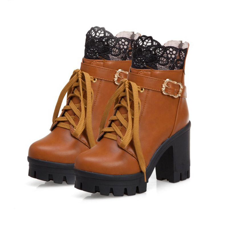 Lace Buckle Lace-Up High Heel Boots - Brown - 43 - image 9