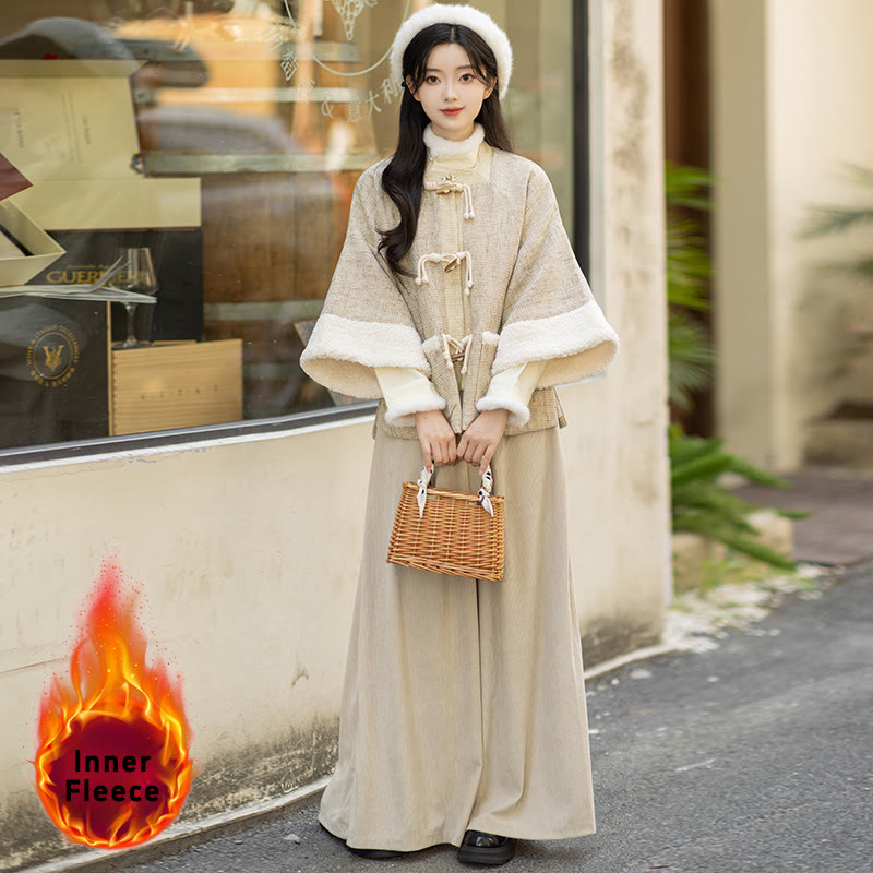 Vintage Square Neck Jacket Buckle Top Wide Leg Pants Three Pieces Set - Camel Inner Fleece - L - image 5