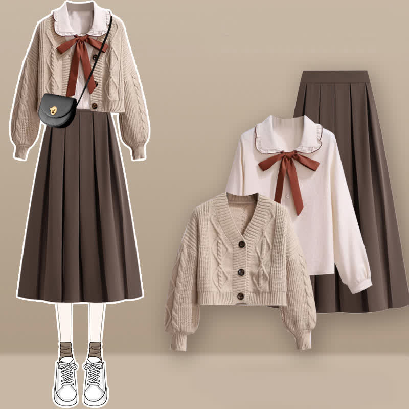 V-neck Cardigan Sweater Bow Tie Shirt Pleated Skirt Three Pieces Set - Shirt+Sweater+Skirt - XL - image 1