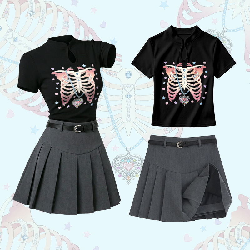 Sternum Necklace Graphic Vintage Buckle T-shirt Plaid Skirt Modakawa Two Pieces Set - Set B - L - image 2